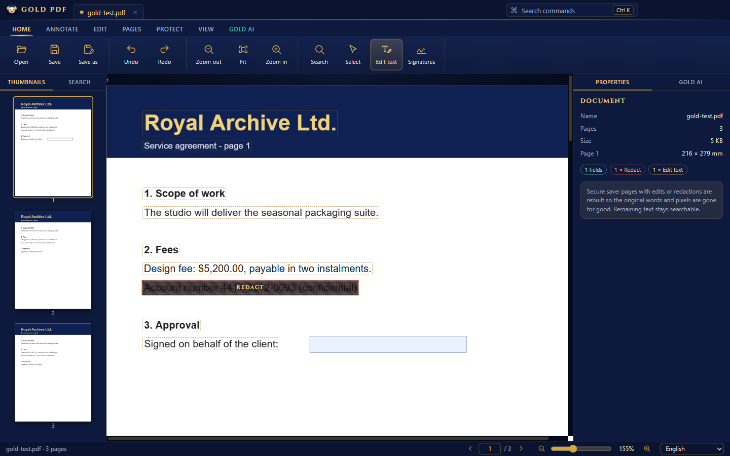Gold PDF editing a contract: a changed price, a redacted account number and a filled form field
