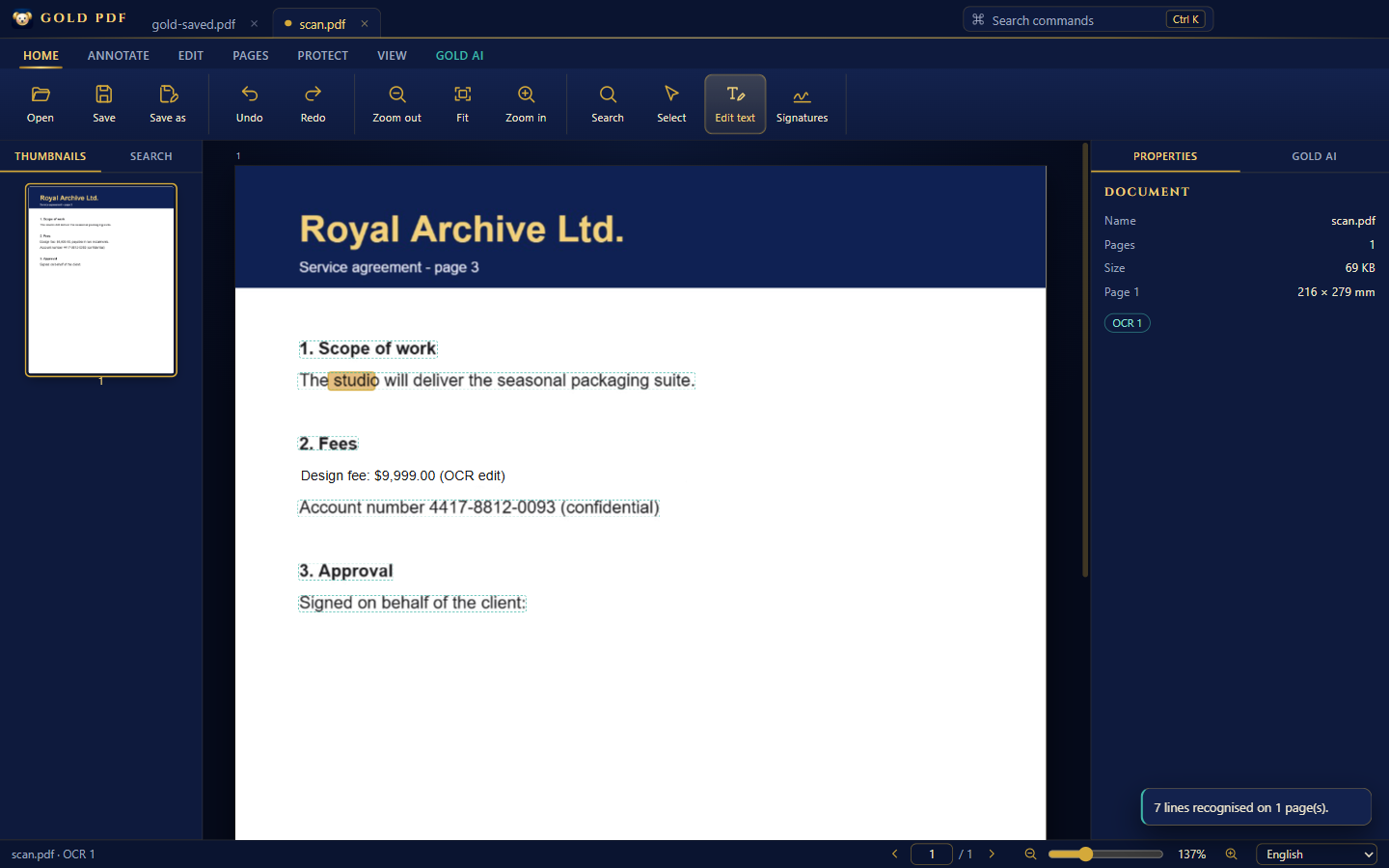 A scanned page after text recognition