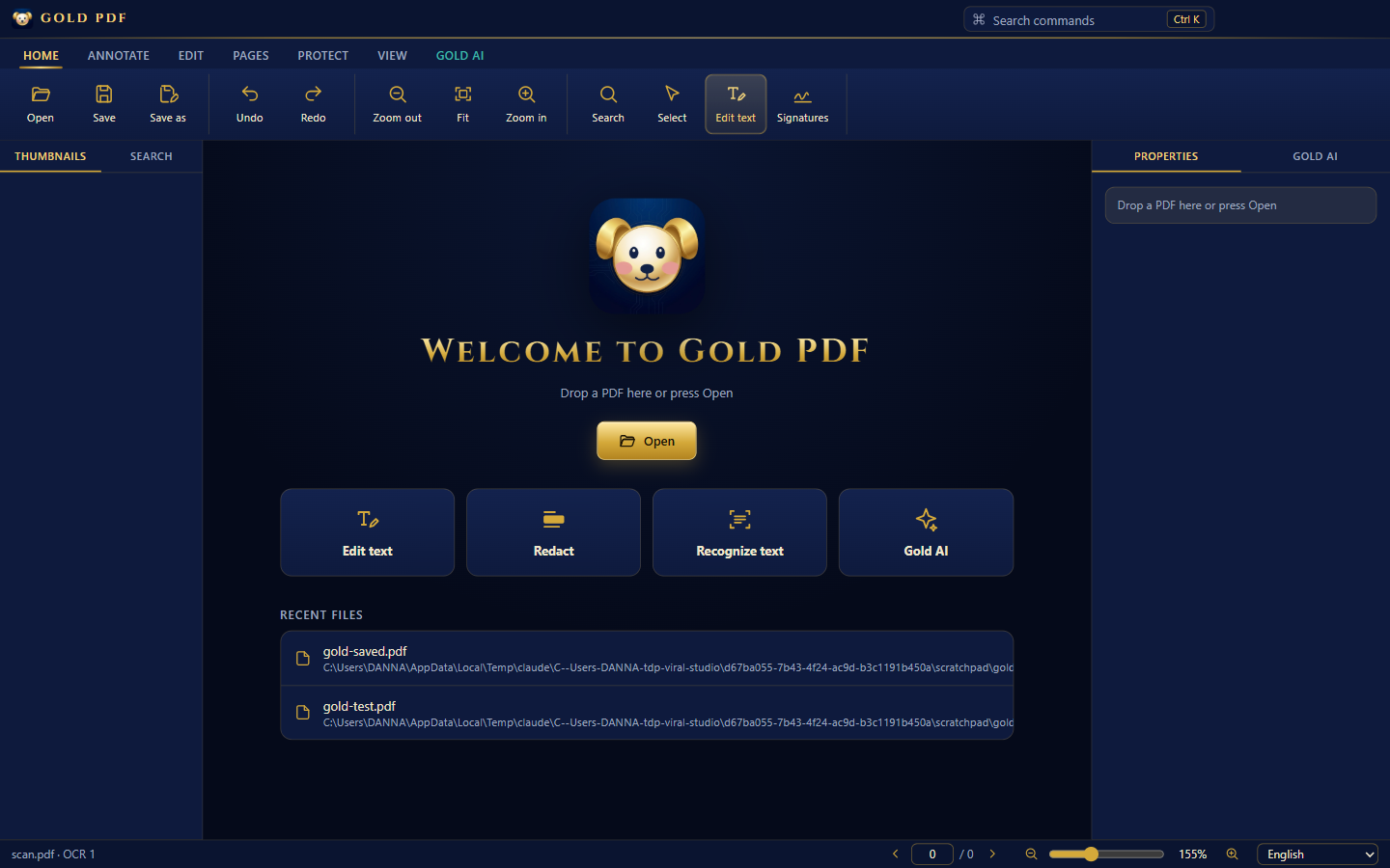 Gold PDF welcome screen with recent files