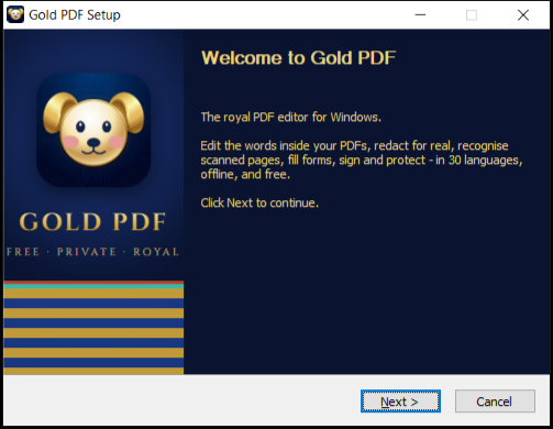 The Gold PDF setup wizard welcome page